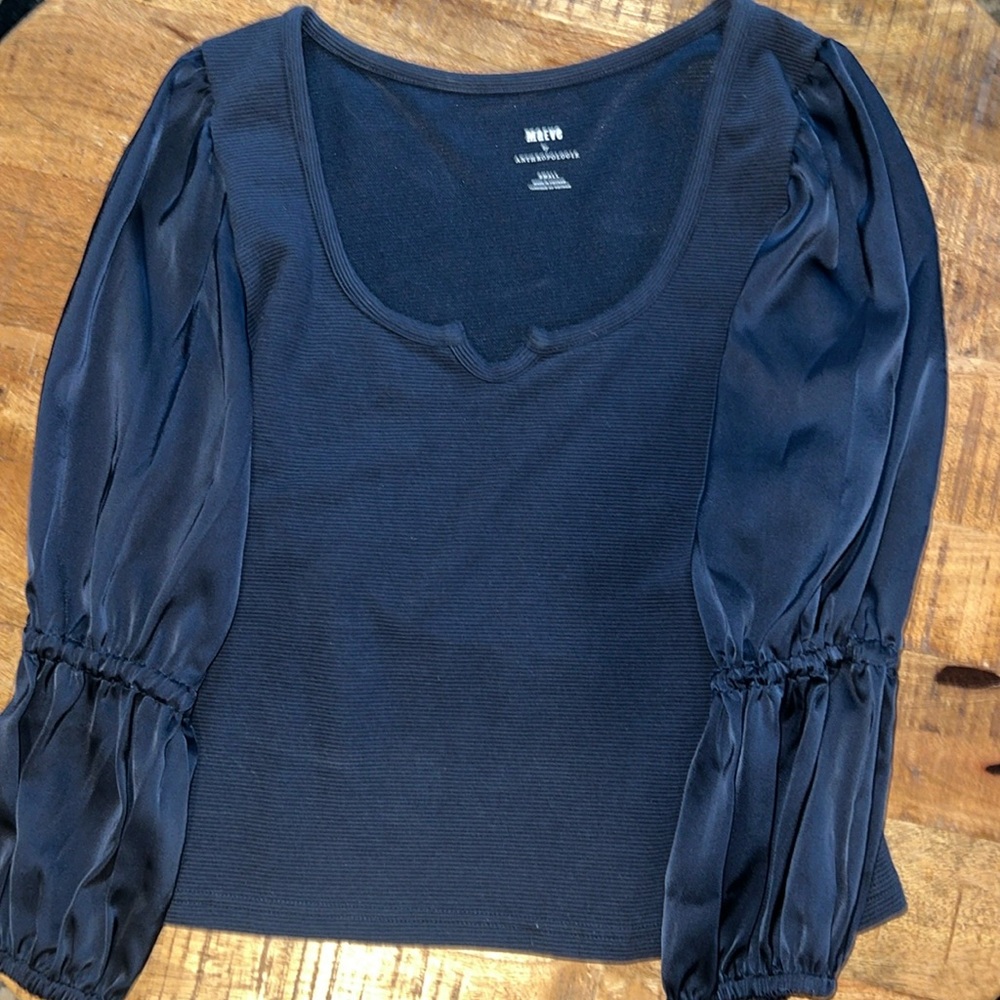 Anthropology Maeve- Navy satin long sleeve top